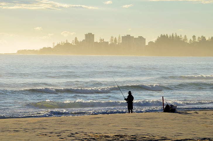 Coolangatta, Queensland, plage, pêche, lever du soleil, mer, coucher de soleil