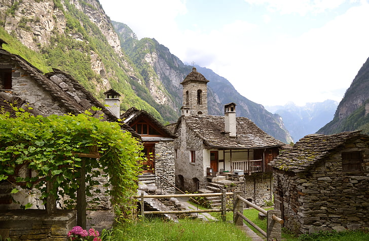 Ticino, Švýcarsko, Rustico, kostel, Val BAVONA je zhotovena, vesnici Foroglio, Hora