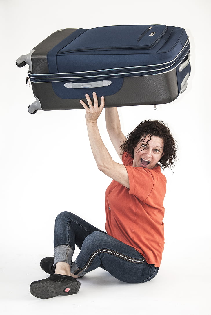kovček, prtljage, ženske, oranžna, sreče, premikanje, močna ženska