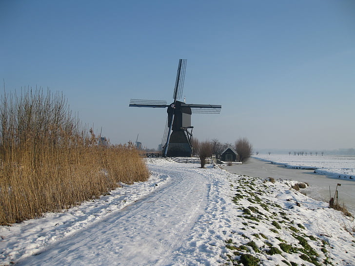 Kinderdijkas, Olandijoje, Molina, žiemos peizažas