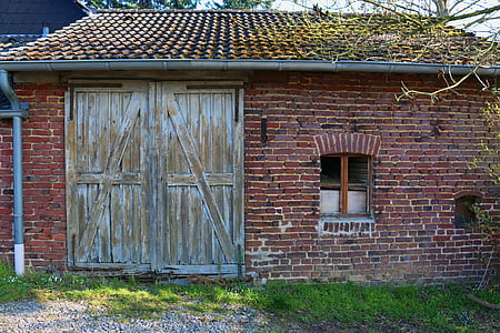 tool shed, old, wooden gate, brick construction, rural, farm, house