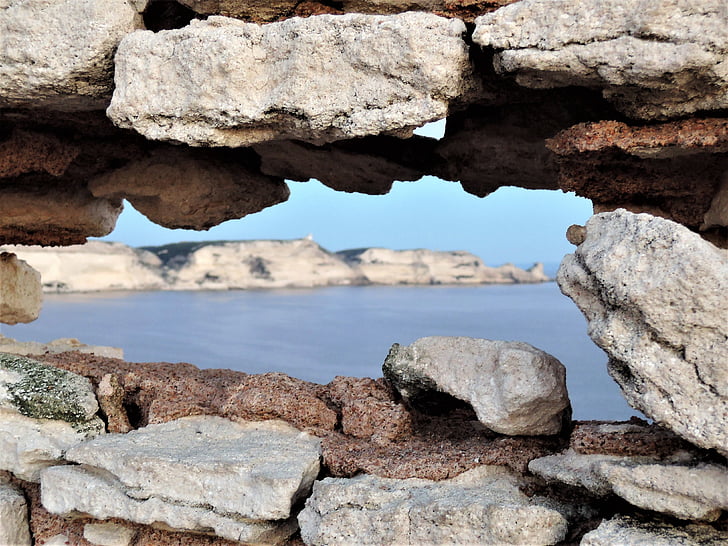 corsica, bonifazio, stone wall, by looking, opening, lookout