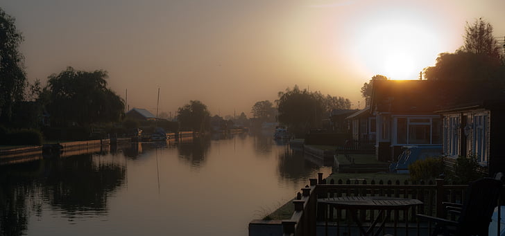 floden, atmosfærisk, båd, Norfolk broads, UK, landskab, Sunset
