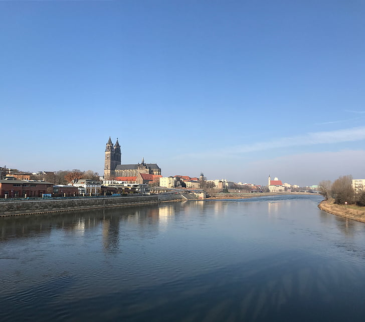 Magdeburg, Elbe, SCH, floden, naturvård, högt vatten, schleinufer