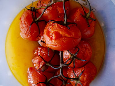 pomidorai, Skrudintos, Vyšniniai pomidorai, kepti