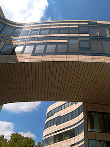 Architektura, moderní, budova, fasáda, Düsseldorf, namodralý, zrcadlení
