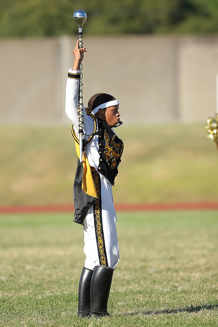drum major, band leader, football game, marching band, marching, uniform, school