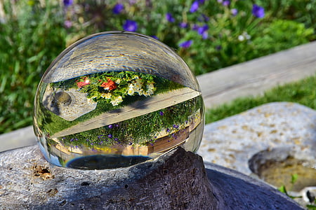 glass ball, mirroring, flowers, colorful flowers, garden, grass, reflection