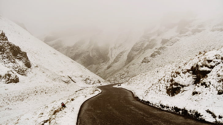 montagne, Highland, paysage, brouillard, neige, hiver, route