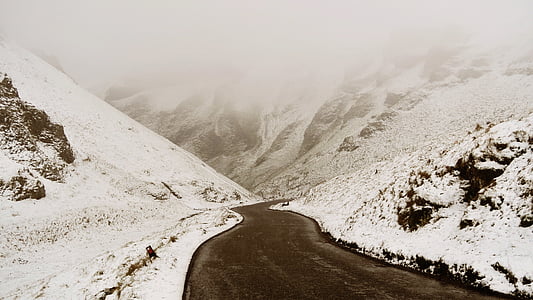 munte, Highland, peisaj, ceaţă, zăpadă, iarna, drumul