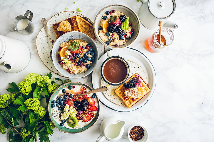 toidu, Hommikusöök, terve, roheline, piima, mesi, vahvlid