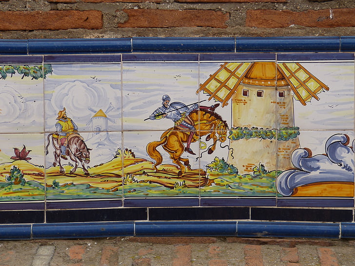 azulejo de, cerámica, la mancha, imagen, azuleijo, España, Castilla