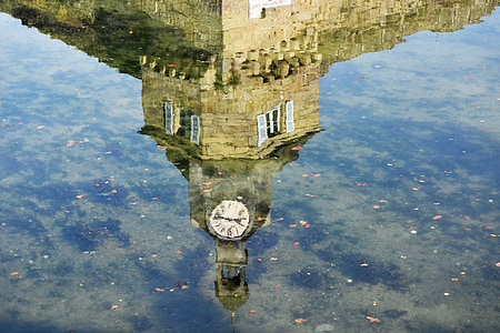 belfry, time, clock, reflections, water, city, urban