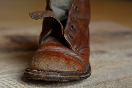 sko, lædersko, gamle, antik, slidt, fortiden, Luk
