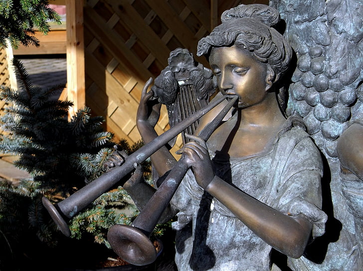 statue, bronze, music, instrument, female, sun, closeup