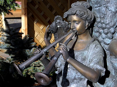 statuen, bronse, musikk, instrumentet, kvinne, solen, Nærbilde