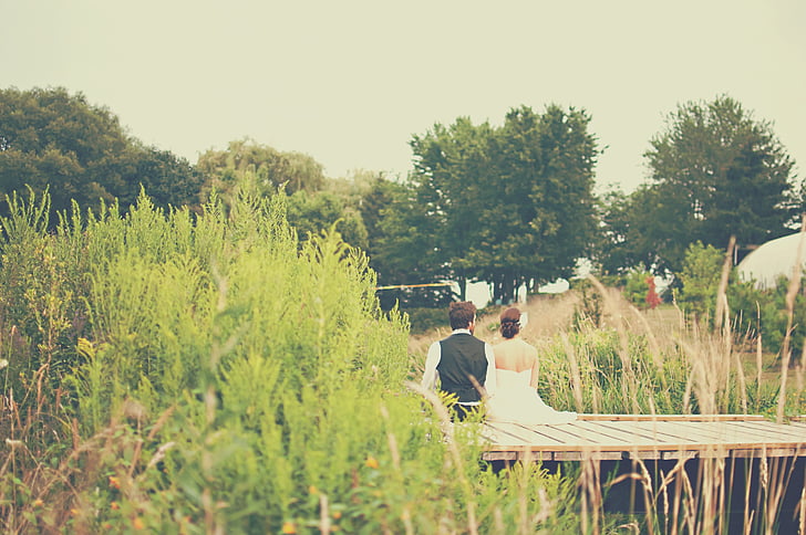 bride, couple, grass, groom, love, marriage, nature