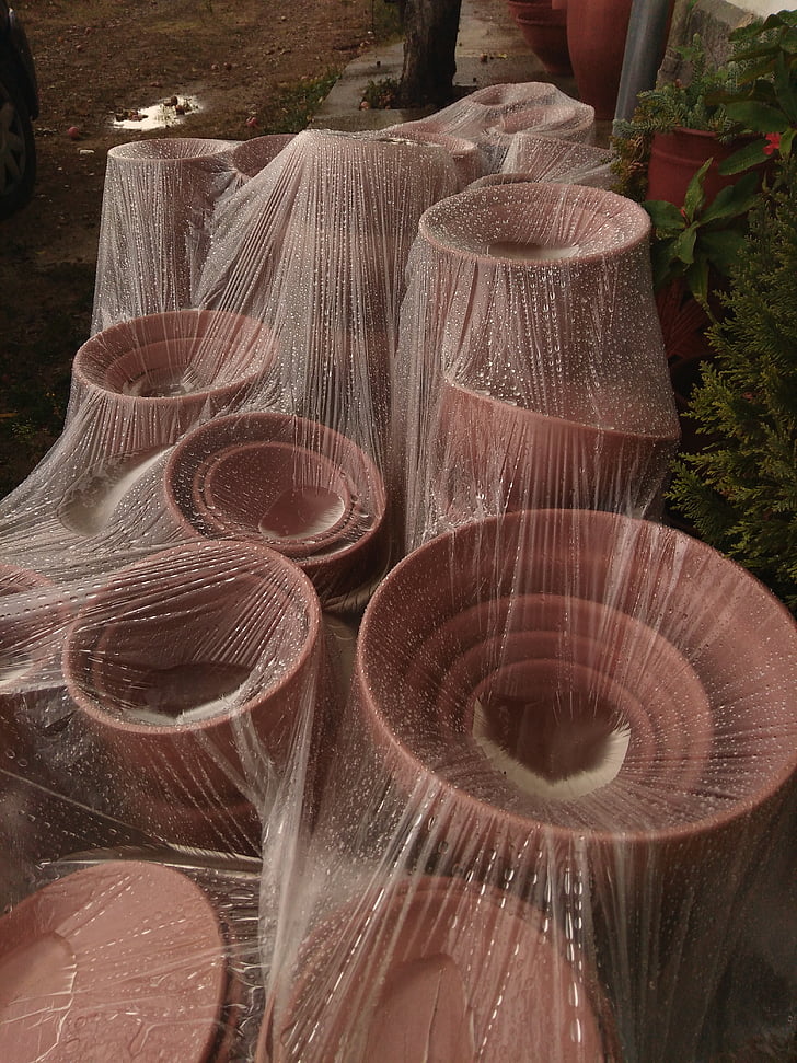 garden pottery covered, rain, raindrops