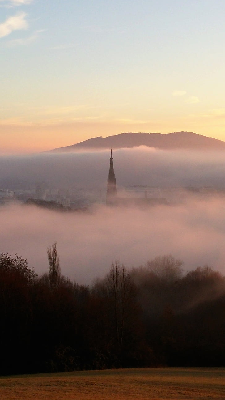 linz, dom, church, fog, landscape, morning, light