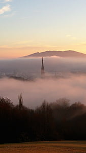 Linz, Dom, templom, köd, táj, reggel, fény