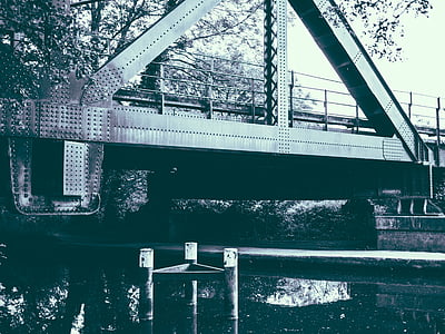 Architektúra, čierno-biele, Most, pripojenie, špinavé, reflexie, rieka