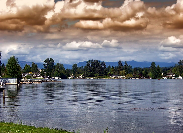 Lake stevens, Washington, agua, reflexiones, montañas, Scenic, verano