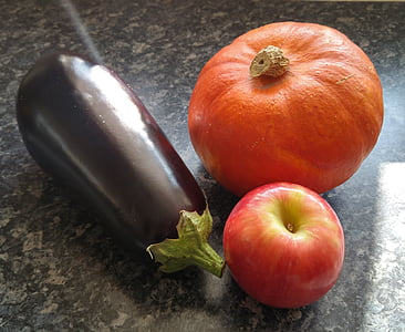 aubergine, græskar, Apple, stadig liv, grøntsager, efterår, oktober