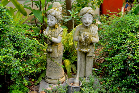 pair, statues, garden, sculpture, ancient, architecture, symbol