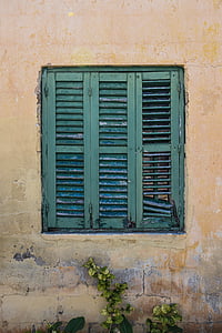 akna, puidust, roheline, seina, kahjustatud, päevinäinud, vana