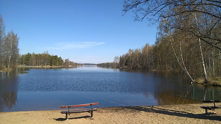 bench, lake, spring, sky