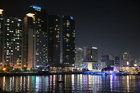 vista de noche, ciudad, mar, noche, Busan, Playa de Haeundae, Gwangalli