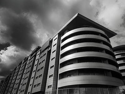 arquitetura, preto e branco, edifício, nuvens, construção, luz do dia, exterior
