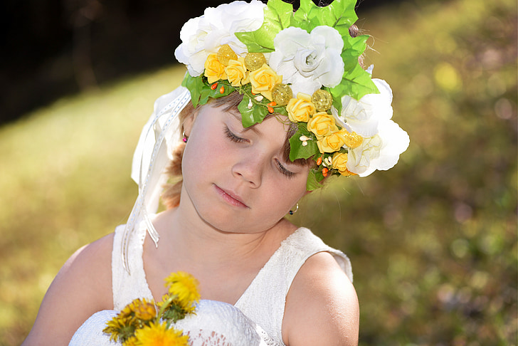 human, child, girl, face, headdress, flowers, meadow