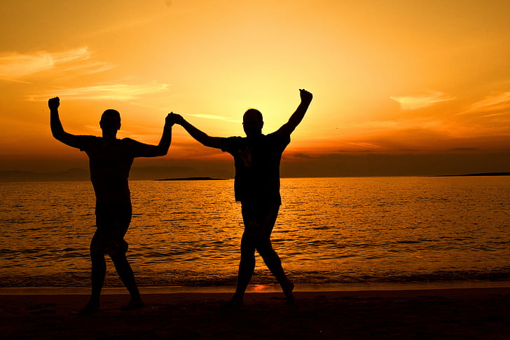 greek dancing at sunset, seascape, sunset, silhouettes, dance, zorba, sunrise
