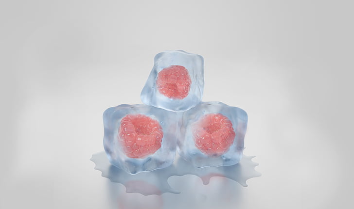ice cubes, raspberries, berries, frozen, melt, ice, cold