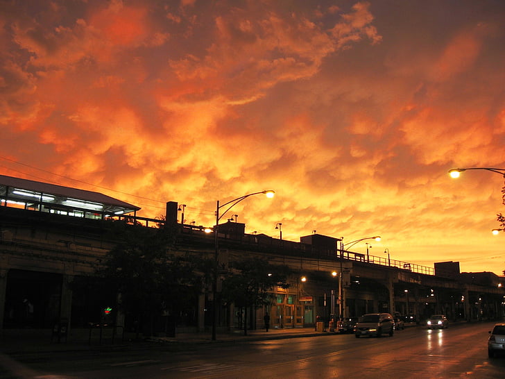 ชิคาโก, สีส้ม, พระอาทิตย์ตก, พายุ, ท้องฟ้า, ในเมือง, ขนส่ง