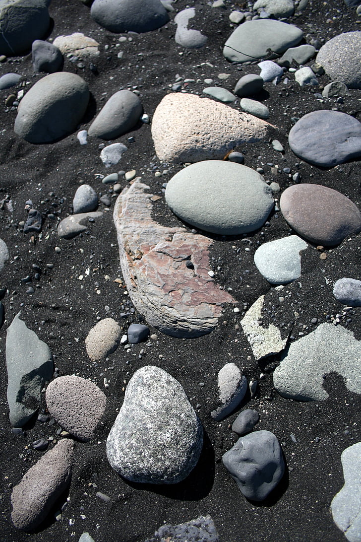 beach, black sand, black, sand, rocks, beach rocks, sea