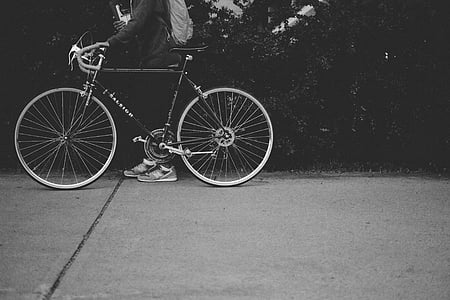 jízdní kolo, kolo, černobílé, cyklista, dlažba, osoba, ulice
