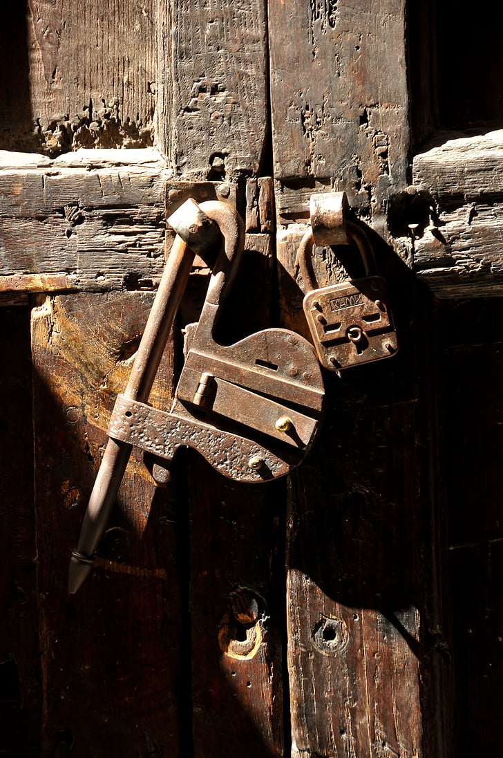 cerradura, antiguo, madera, retro, entrada, hierro, puerta