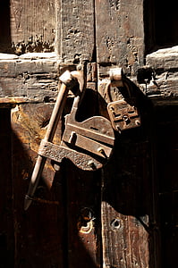 kunci, lama, kayu, retro, masuk, besi, pintu