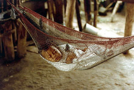 Honduras, bebê, a dormir, bonito, interior, cabana, casa