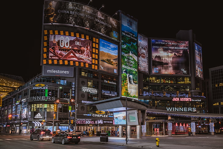 lit, billboards, shown, night, illuminated, building exterior, architecture
