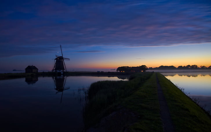 tó, szélmalom, Texel, Hollandia, éjszaka, természet, nyári
