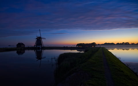estanque, molino de viento, Texel, Países Bajos, noche, naturaleza, verano