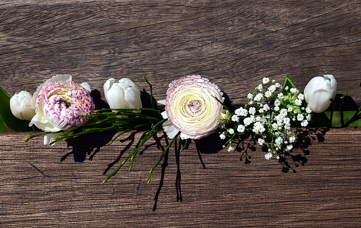 puokštė, gėlės, pavasarį, tulpės, vėdrynas, balta, gražu, gražus