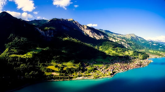 Brienzské jezero, Švýcarsko, obloha, mraky, krajina, Les, stromy