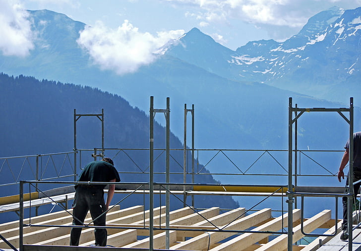 building construction, site, floor joists, scaffold, alpine, high alps, altitude
