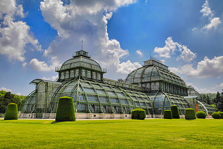 zöld, beton, épület, Nimbusz, felhők, Bécs, Schönbrunn, Pálmaház