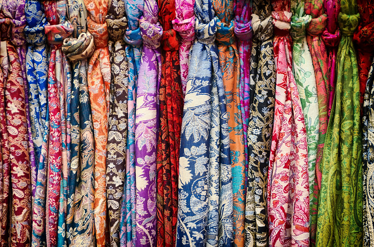 neck scarves, market, selection, colors, colorful, bright, vivid