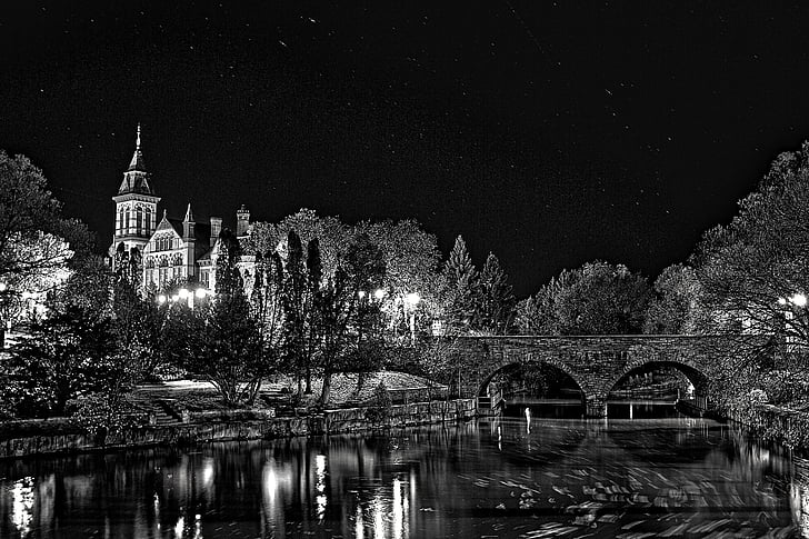 church, river, bridge, night, water, reflection, building